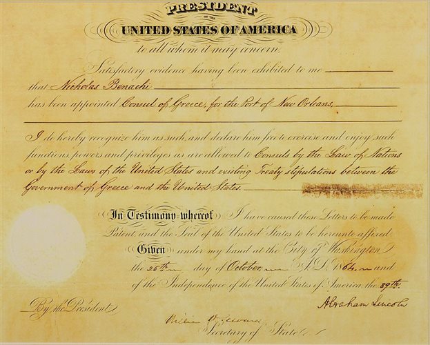 Επίσημο έγγραφο με το οποίο ο Αβραάμ Λίνκολν αποδέχεται τον Νικόλαο Μπενάκη ως τον έλληνα πρόξενο στη Νέα Ορλεάνη